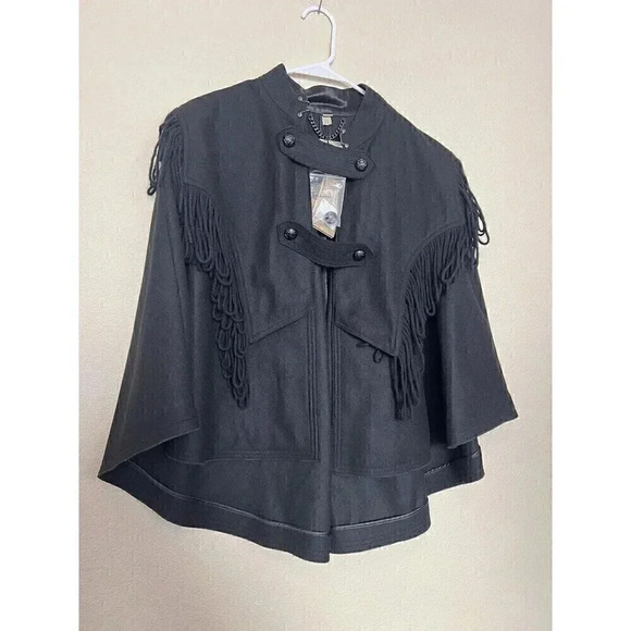 Burberry Raynefield Military Black Cape Womens Size S/M Wool Blend Fringe - Picture 2 of 16